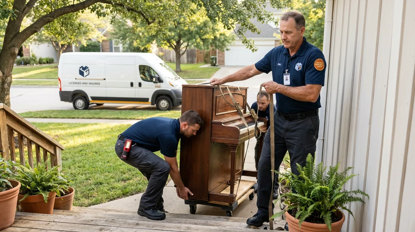 Licensed piano movers securing grand piano in Wayland, NY