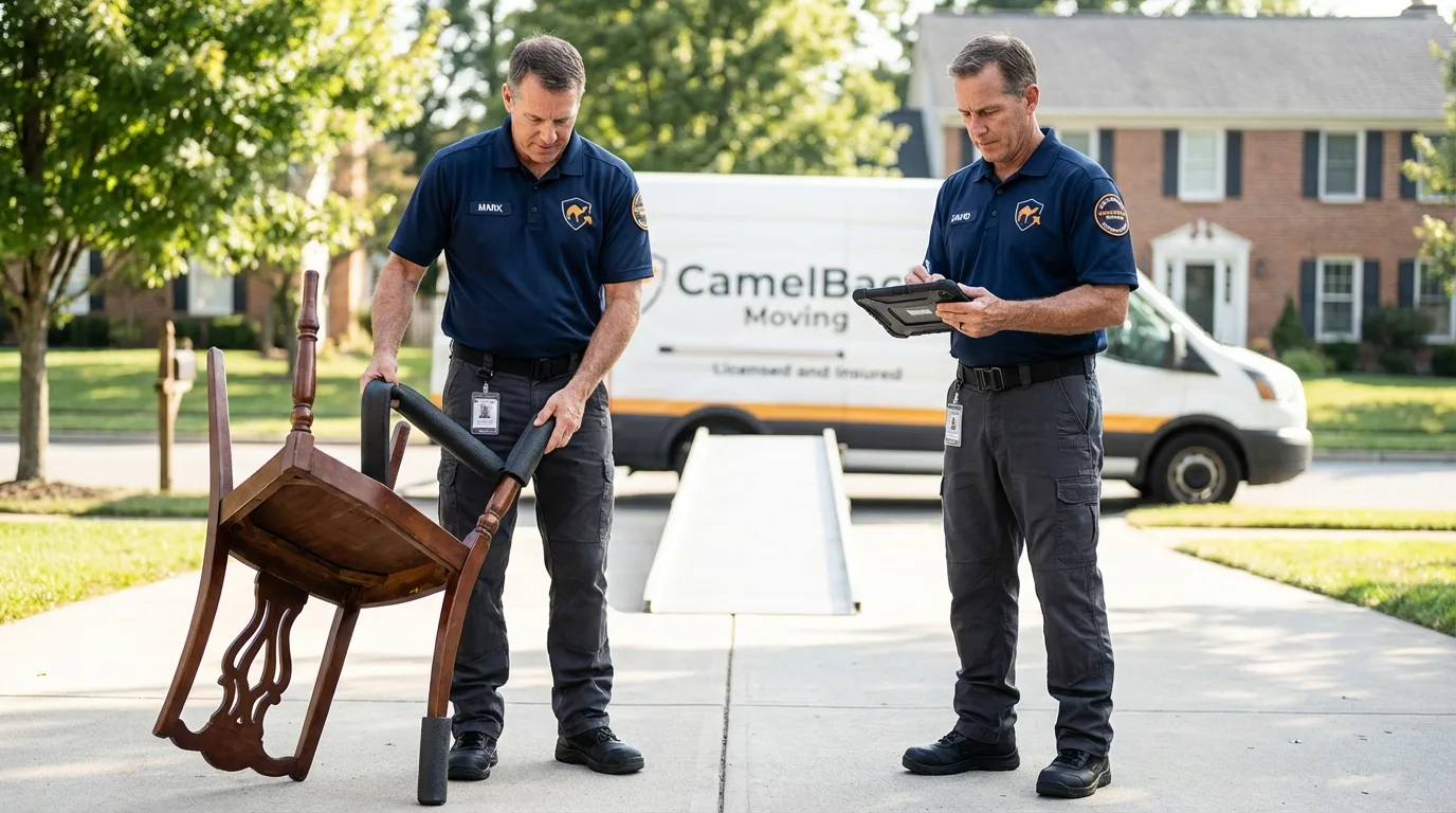 Movers inspecting furniture for damage prevention before loading in Wayland, NY
