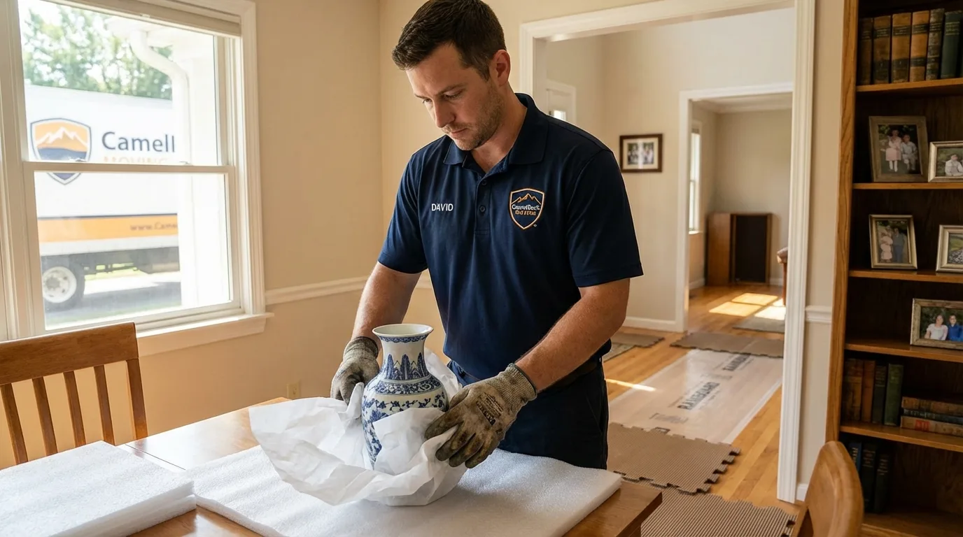Professional crew carefully wrapping antique vase for senior downsizing move in Wayland, NY