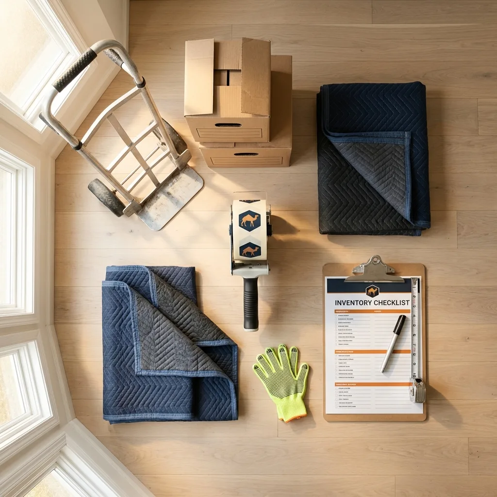 Professional moving supplies and packing materials layout for Wayland residential relocations